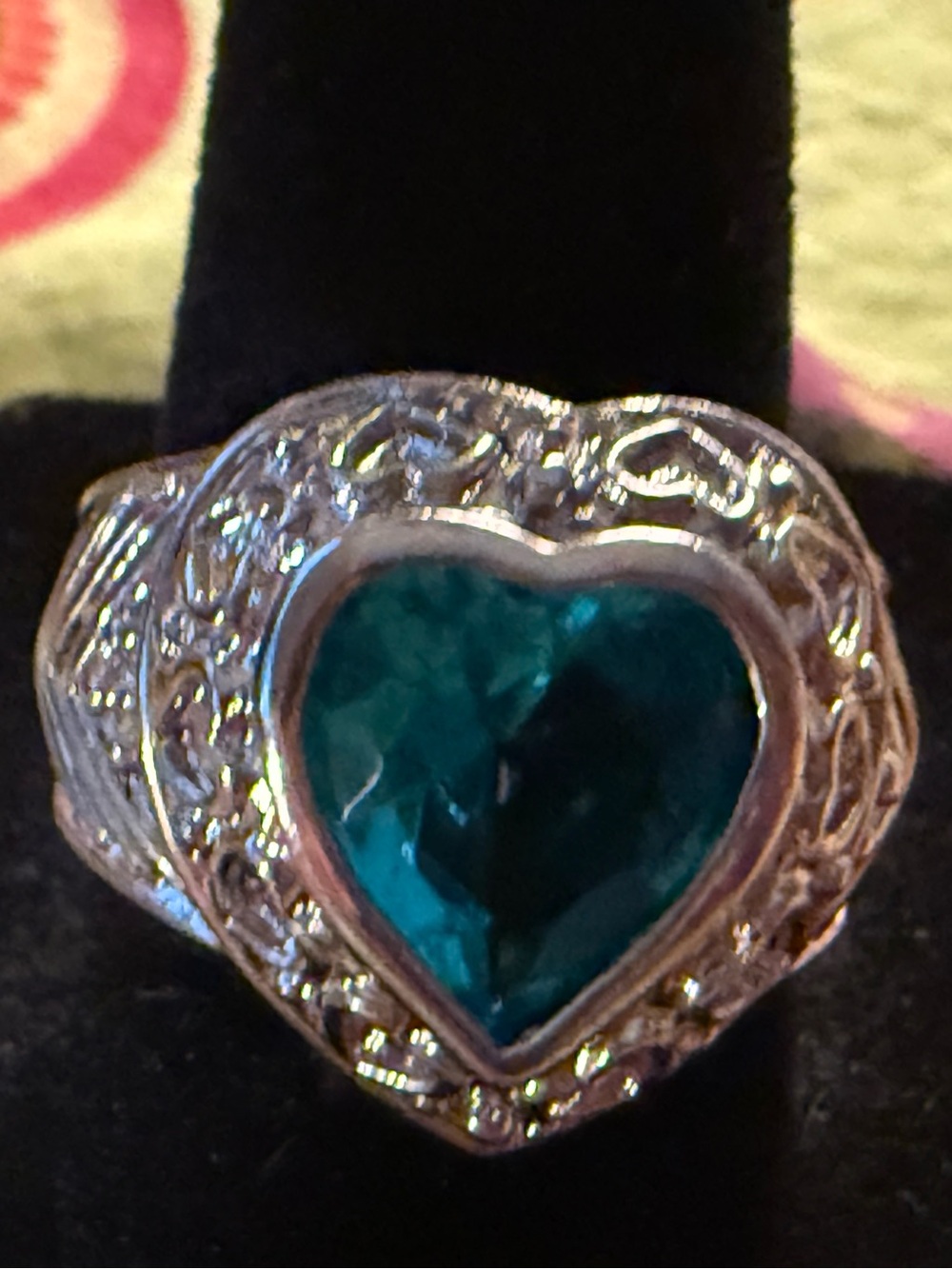 Silver Heart Ring with Teal-Blue Heart Gem